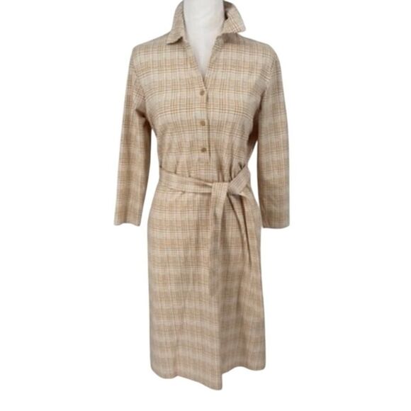 NWT J.McLaughlin Calla Grid Print Shirt Dress XS Beige White Tie Belt 3/4 Sleeve - Picture 1 of 16
